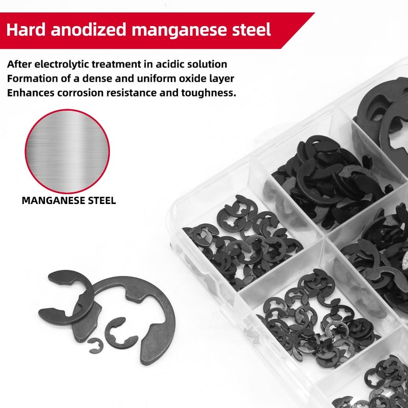 AIMUNOK 455Pcs E-Clip External Retaining Rings Snap Rings Assortment Set, High Carbon Steel C-Clip Kit, 14 SAE Sizes Circlip Snap Rings M1.5- M15 - Image 3